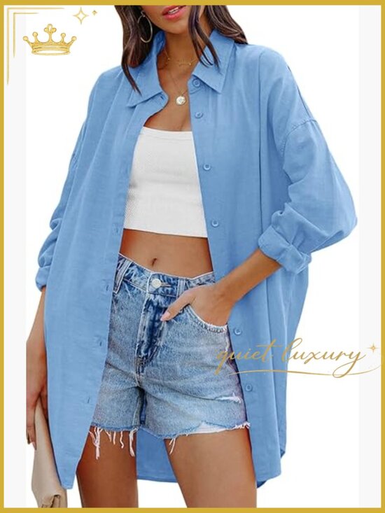 Tops - Oversized Button Down Blouse with Pockets Long Sleeve